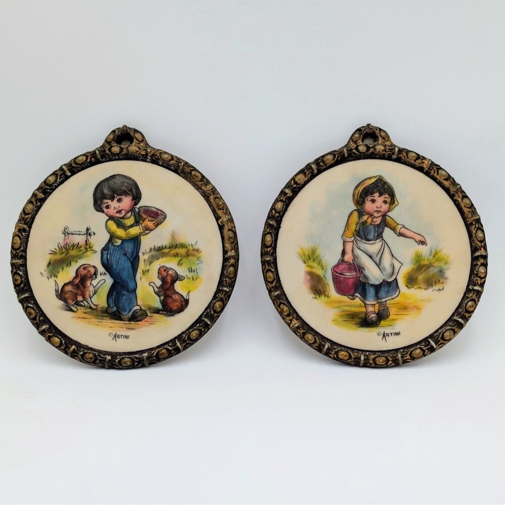 Vintage Artini Arts Twin Etched Hand Painted 4D Boy Girl Wall Hanging Decor Set